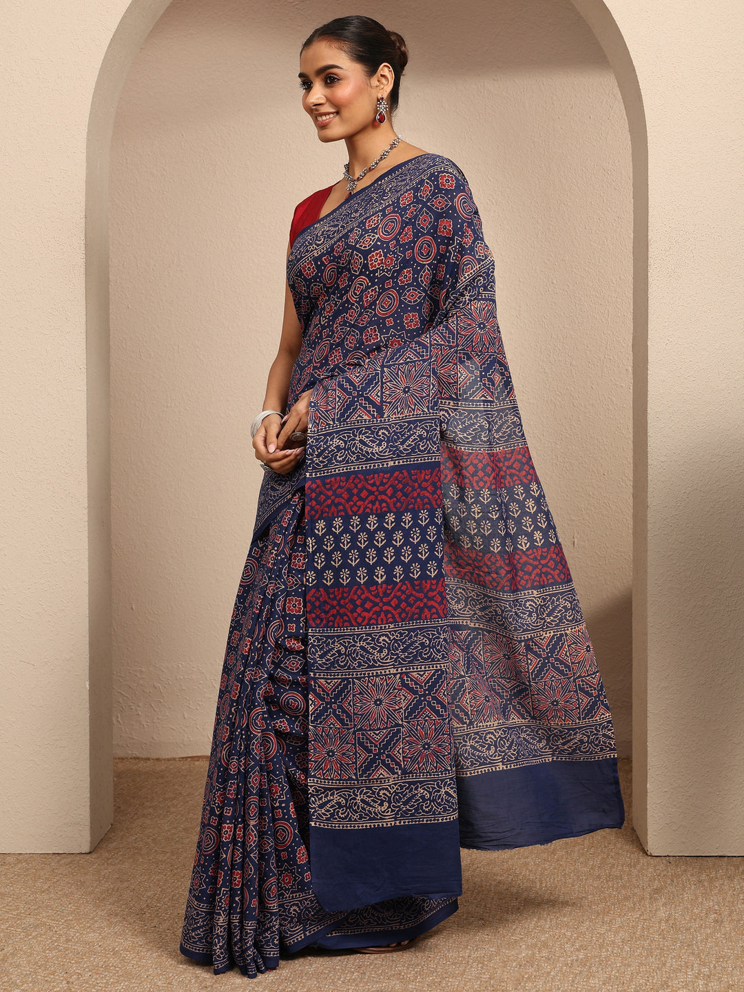  Blue Block Printed Cotton Saree With Unstitched Blouse Piece 