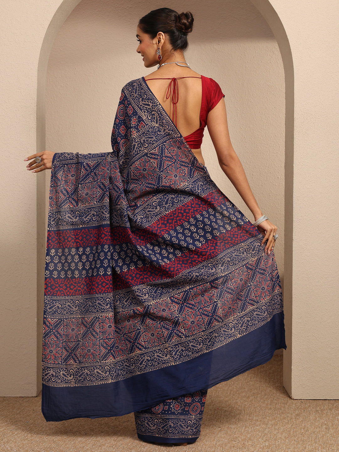  Blue Block Printed Cotton Saree With Unstitched Blouse Piece 