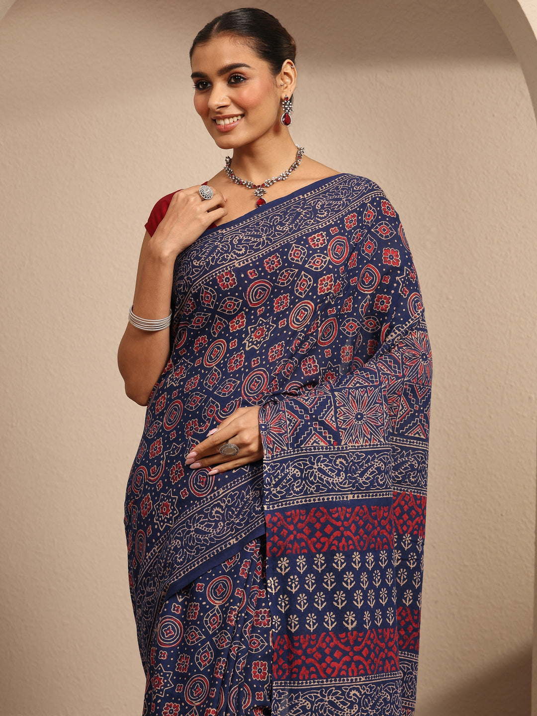  Blue Block Printed Cotton Saree With Unstitched Blouse Piece 