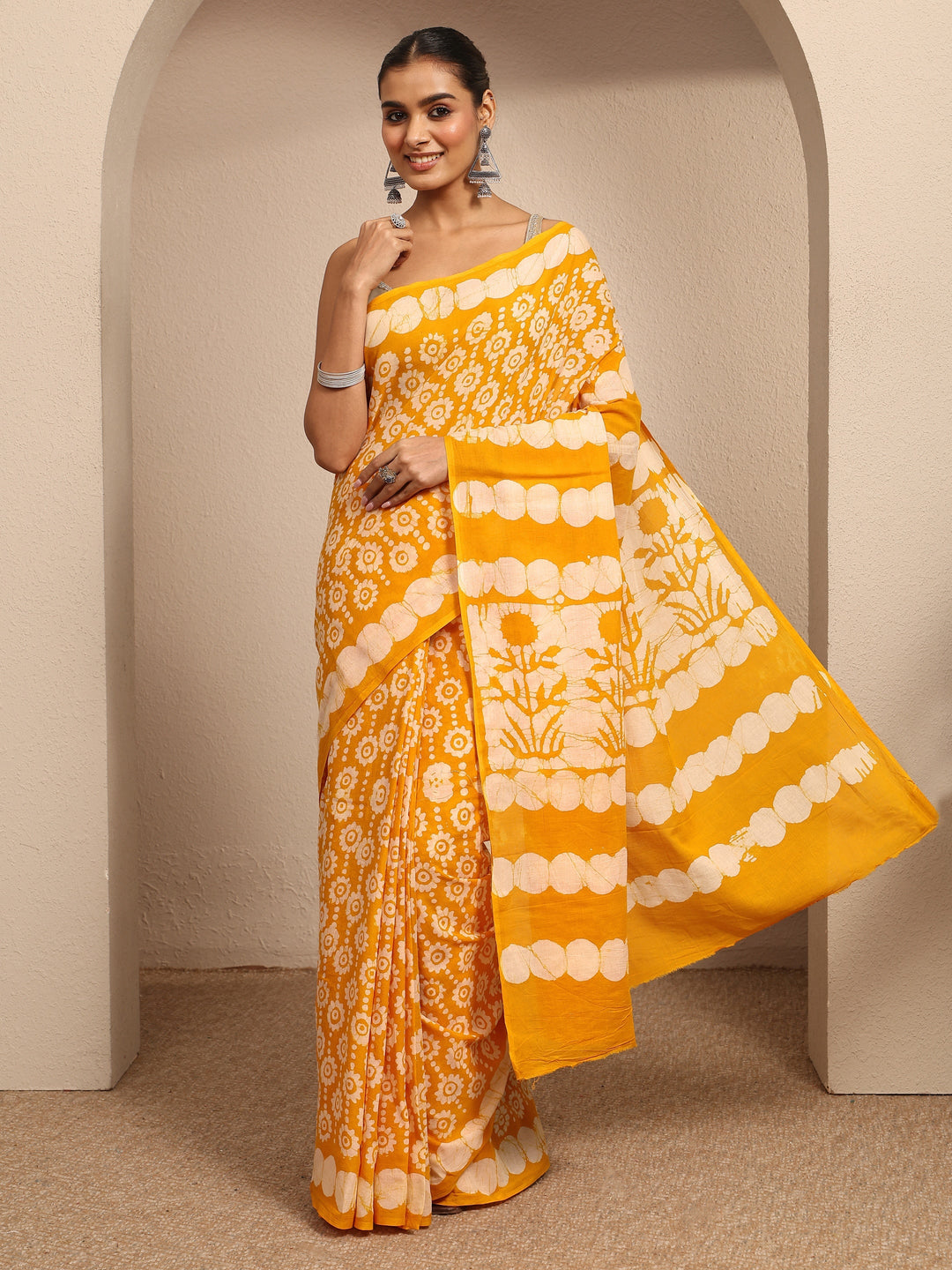  Yellow Ikat Printed Cotton Saree With Unstitched Blouse Piece 