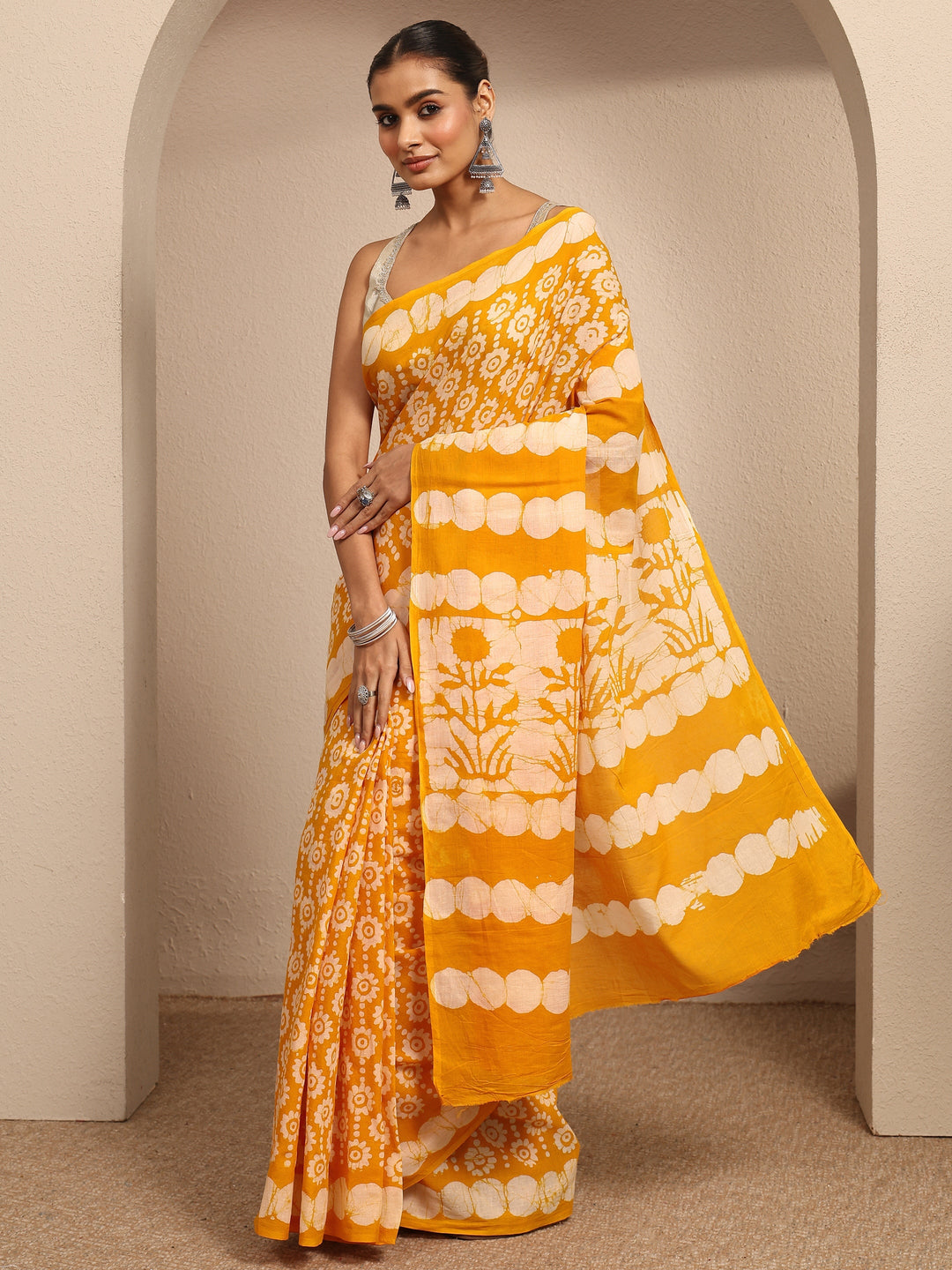  Yellow Ikat Printed Cotton Saree With Unstitched Blouse Piece 