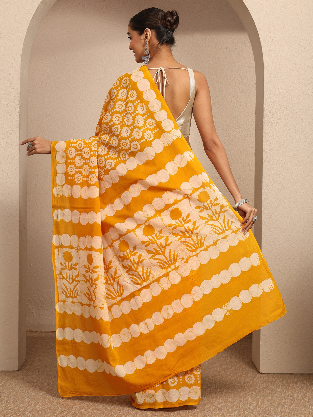  Yellow Ikat Printed Cotton Saree With Unstitched Blouse Piece 