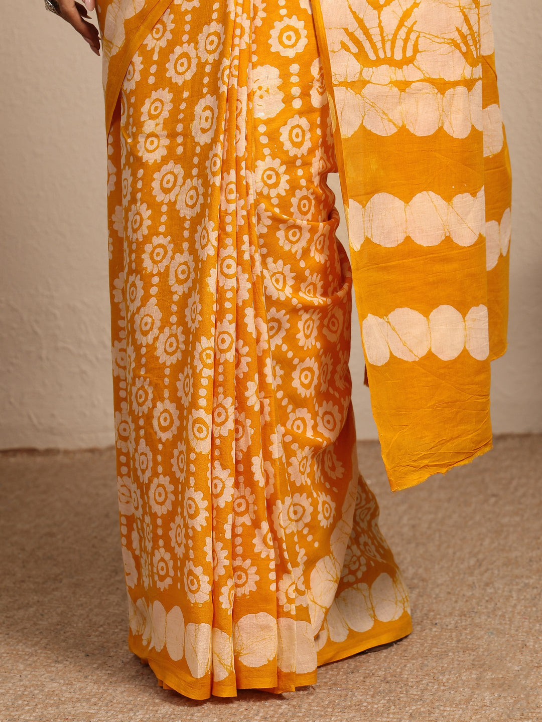  Yellow Ikat Printed Cotton Saree With Unstitched Blouse Piece 