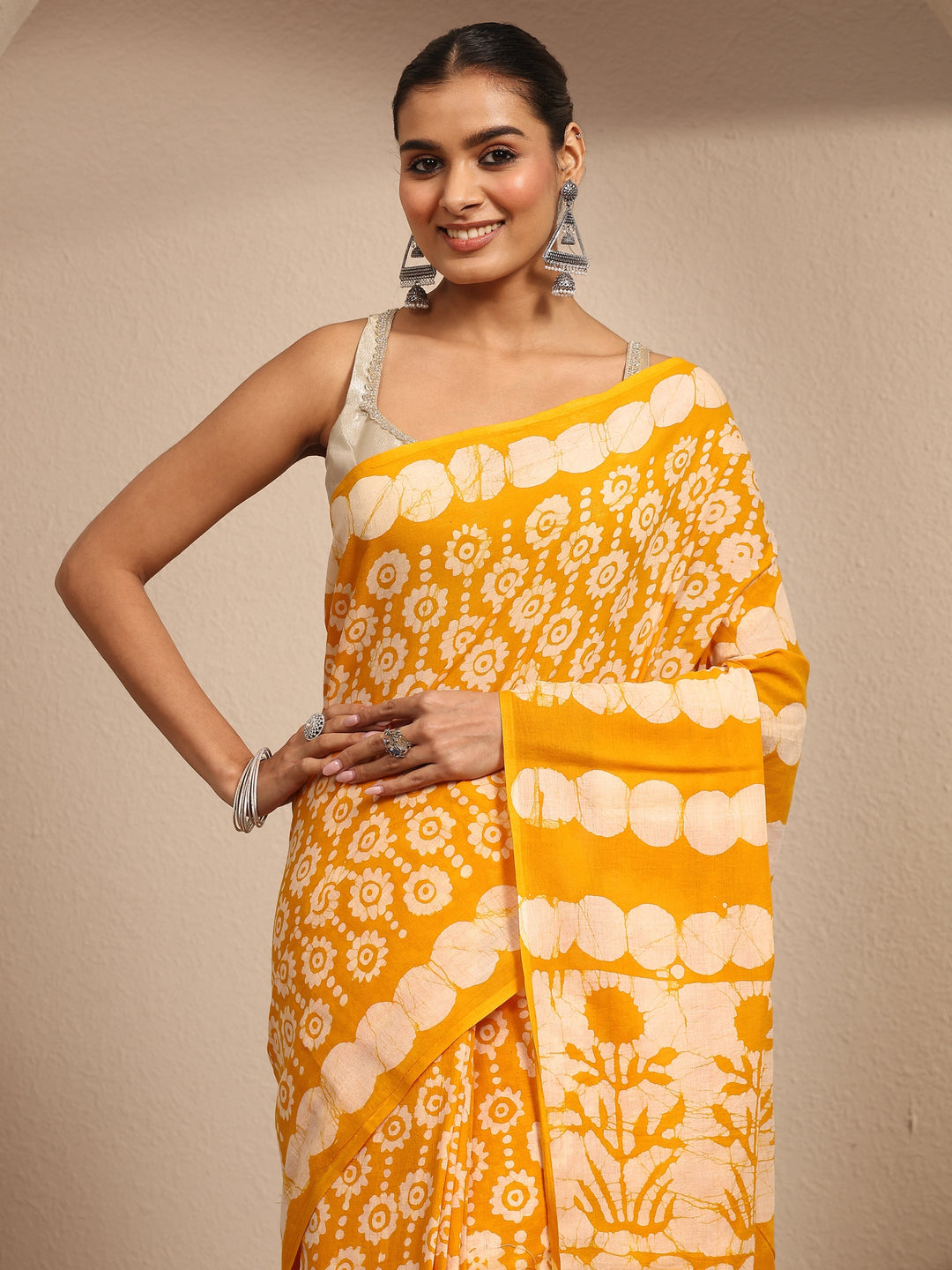  Yellow Ikat Printed Cotton Saree With Unstitched Blouse Piece 