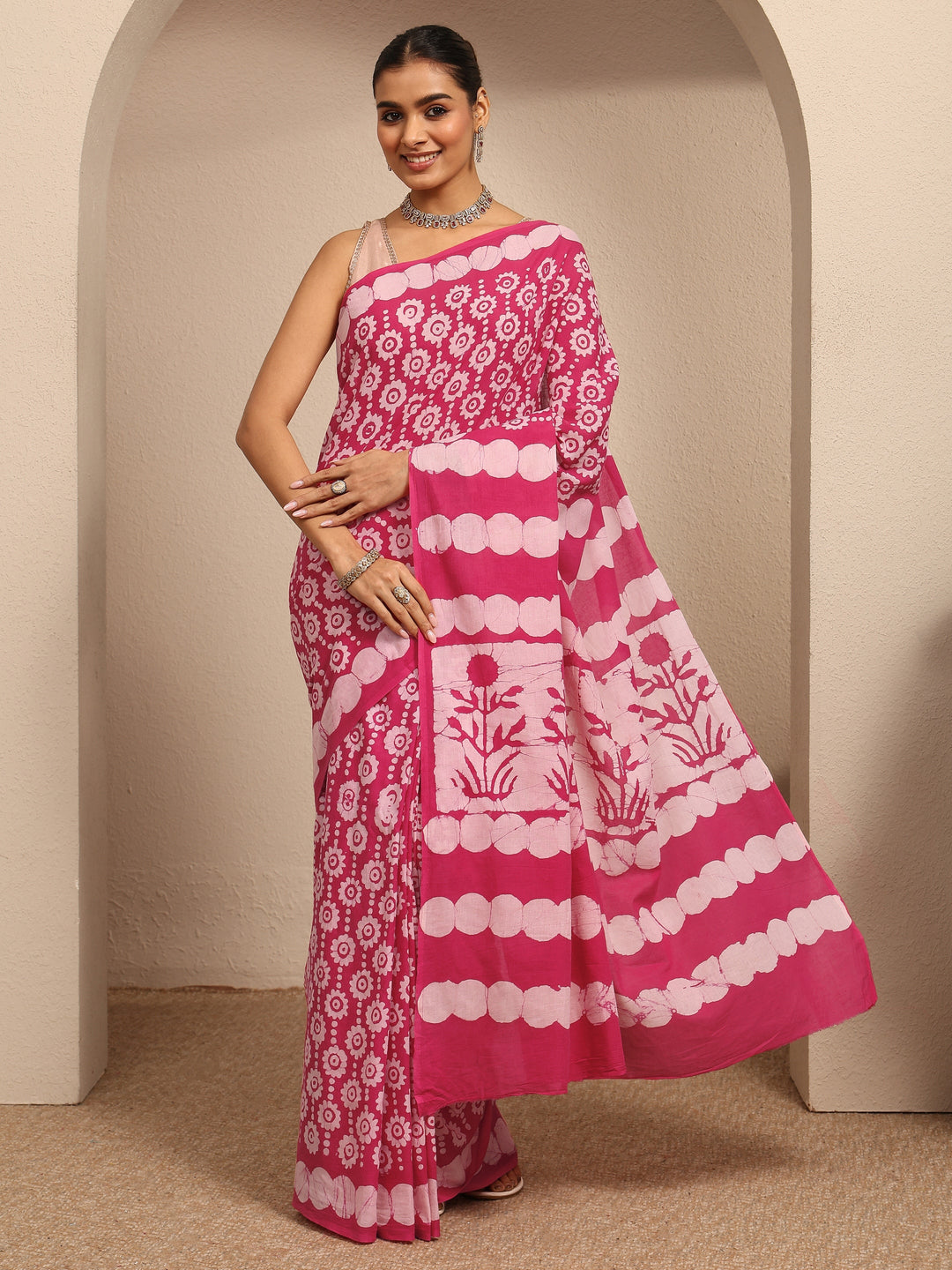  Pink Ikat Printed Cotton Saree With Unstitched Blouse Piece 