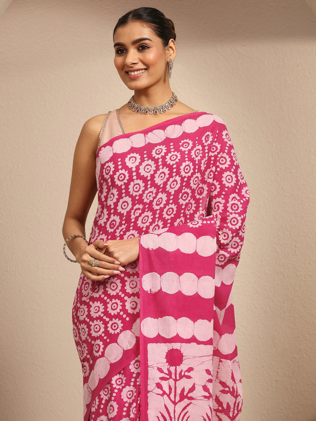  Pink Ikat Printed Cotton Saree With Unstitched Blouse Piece 