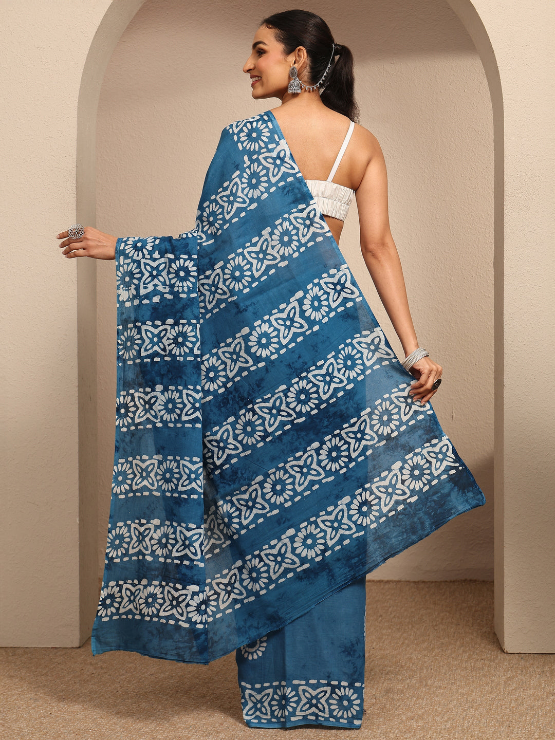  Blue Ikat Printed Cotton Saree With Unstitched Blouse Piece 