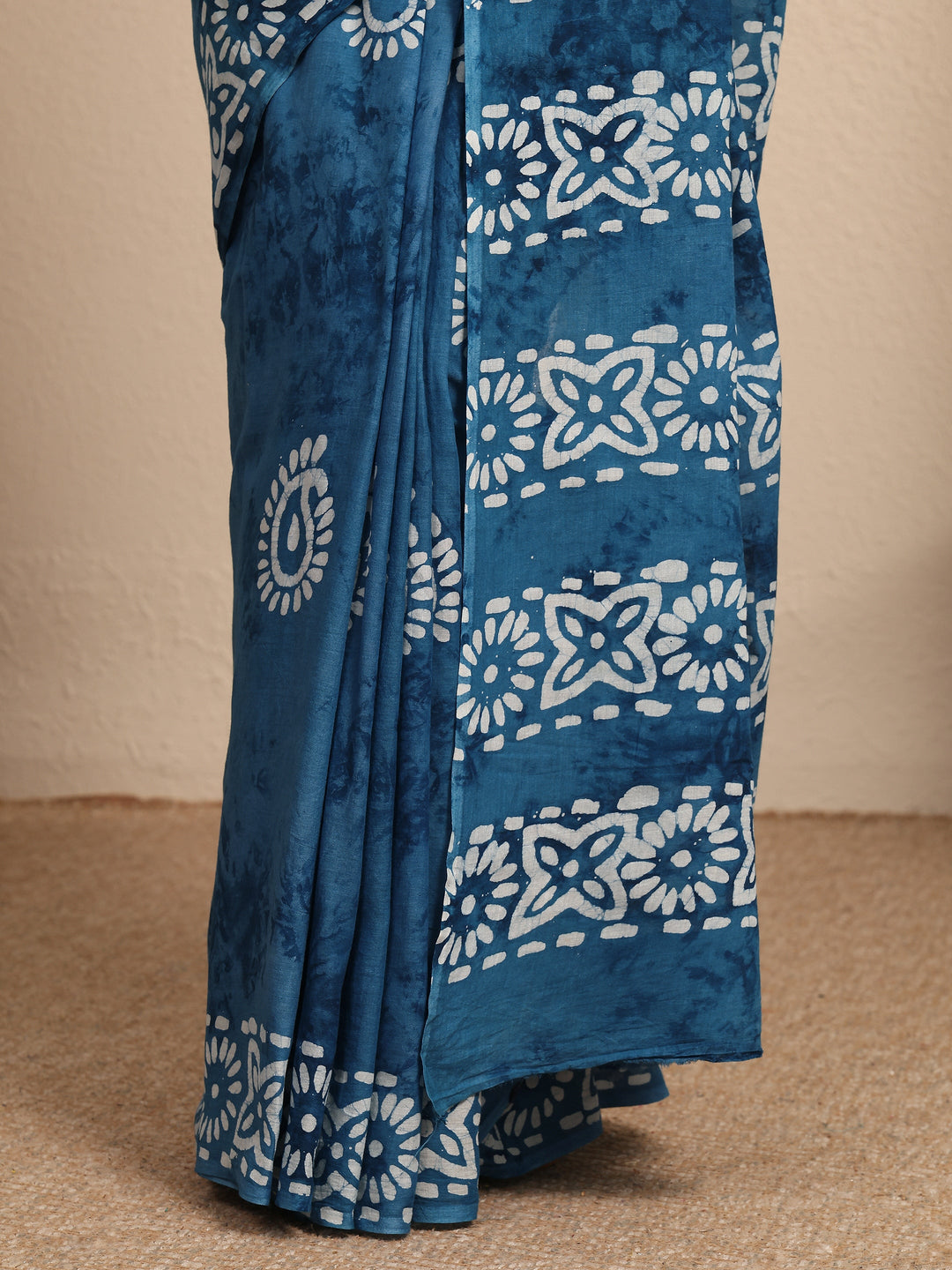  Blue Ikat Printed Cotton Saree With Unstitched Blouse Piece 