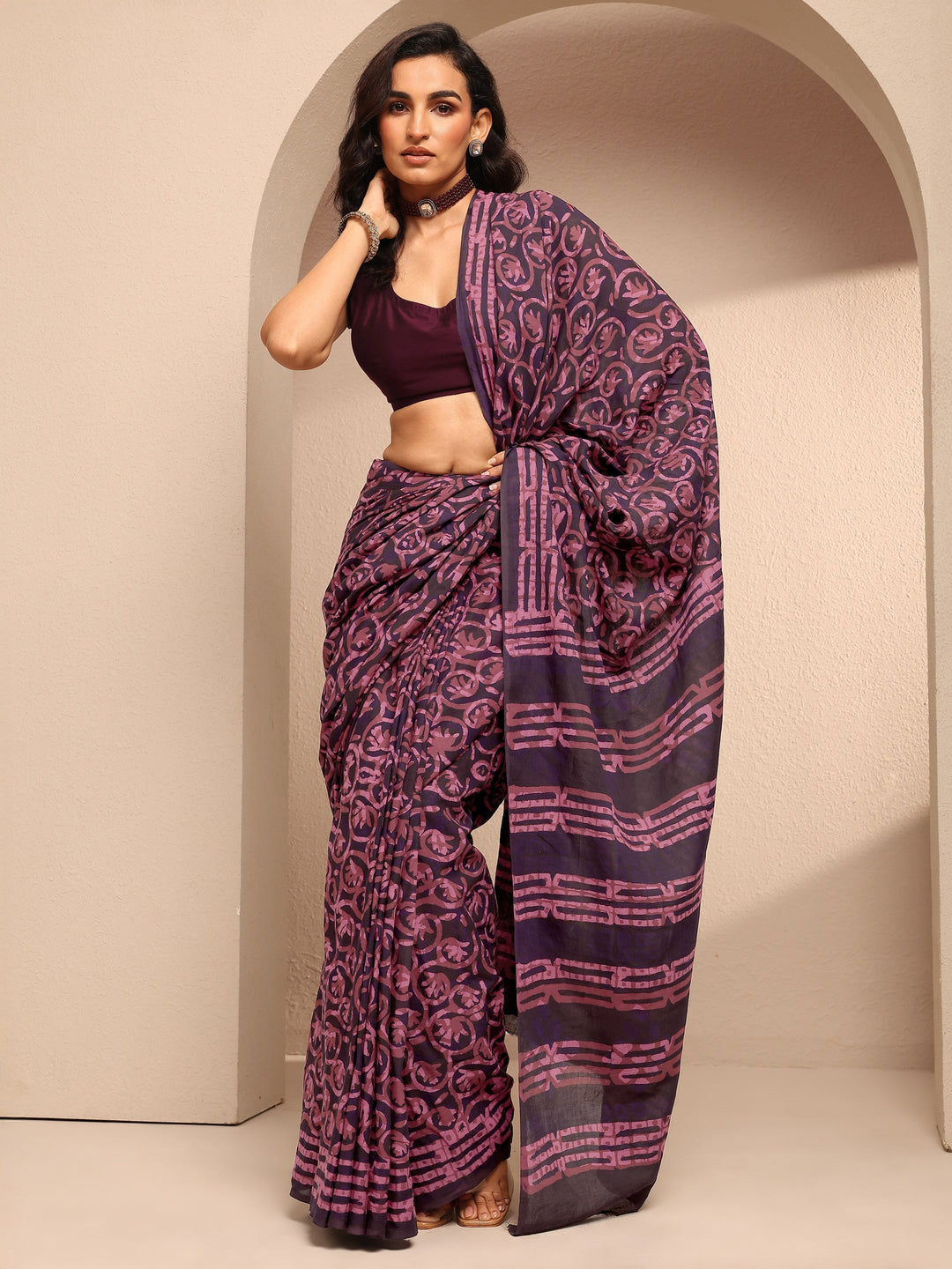  Burgundy Printed Cotton Saree With Unstitched Blouse Piece 