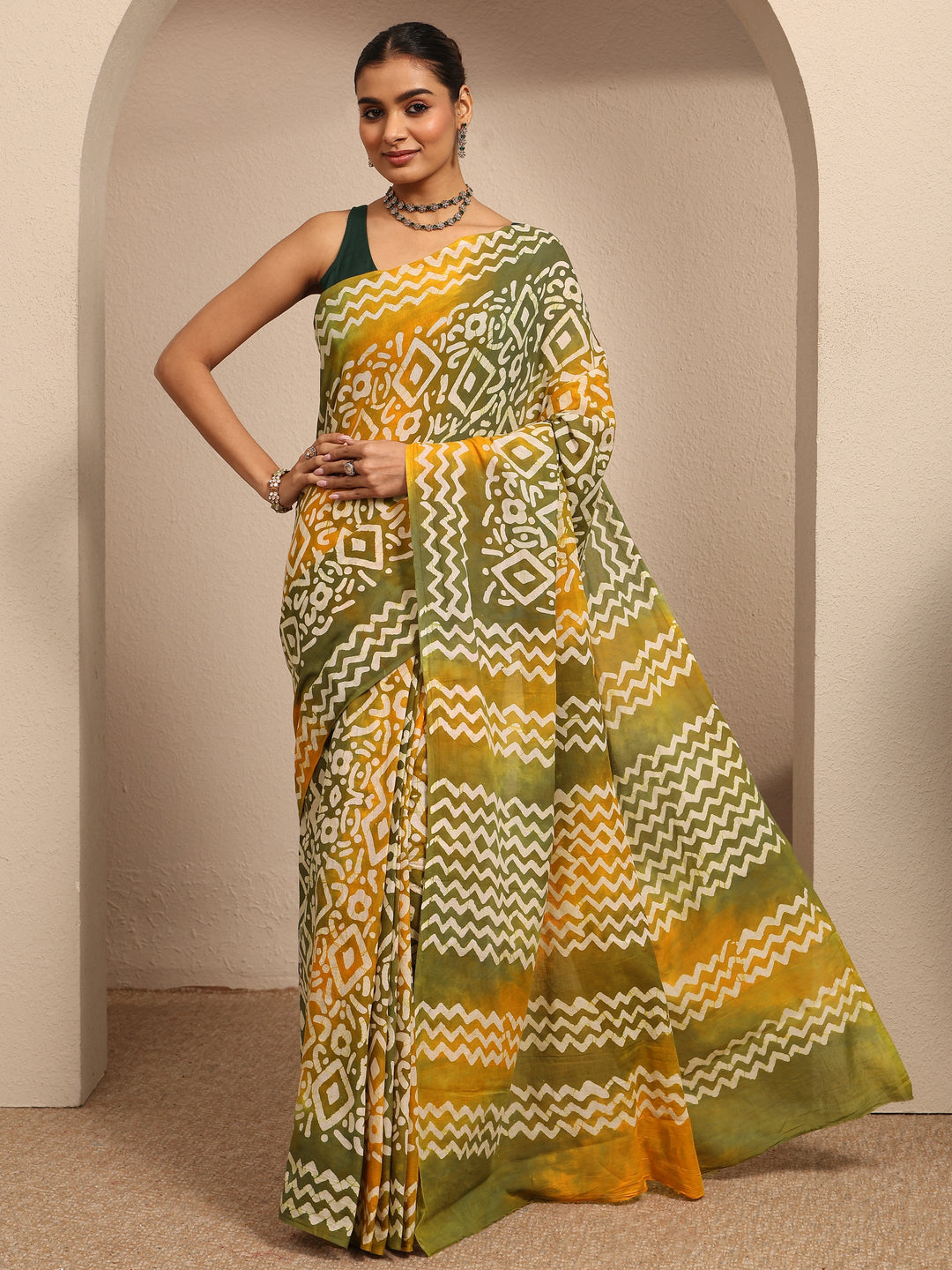  Mustard Ikat Printed Cotton Saree With Unstitched Blouse Piece 