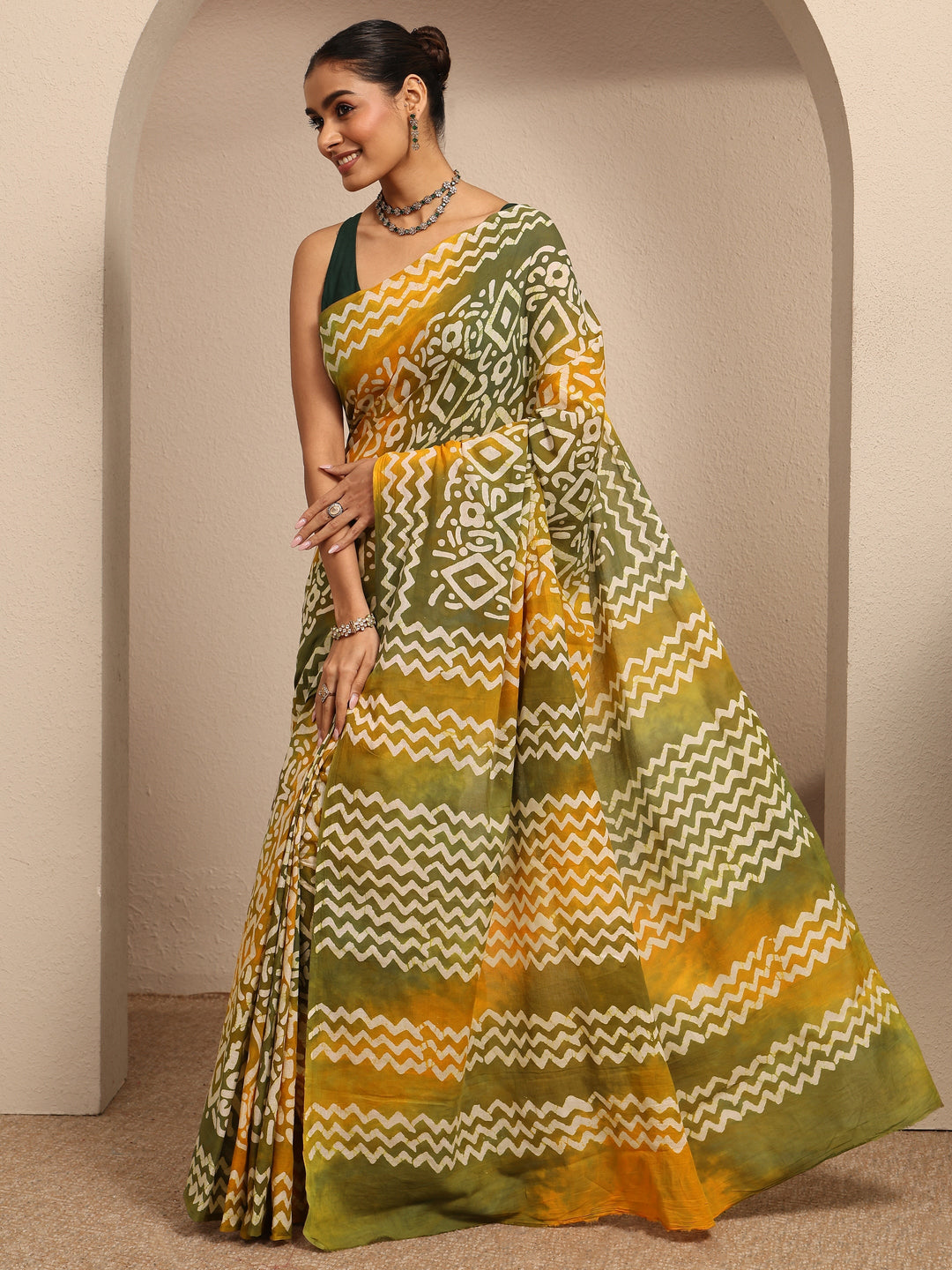  Mustard Ikat Printed Cotton Saree With Unstitched Blouse Piece 