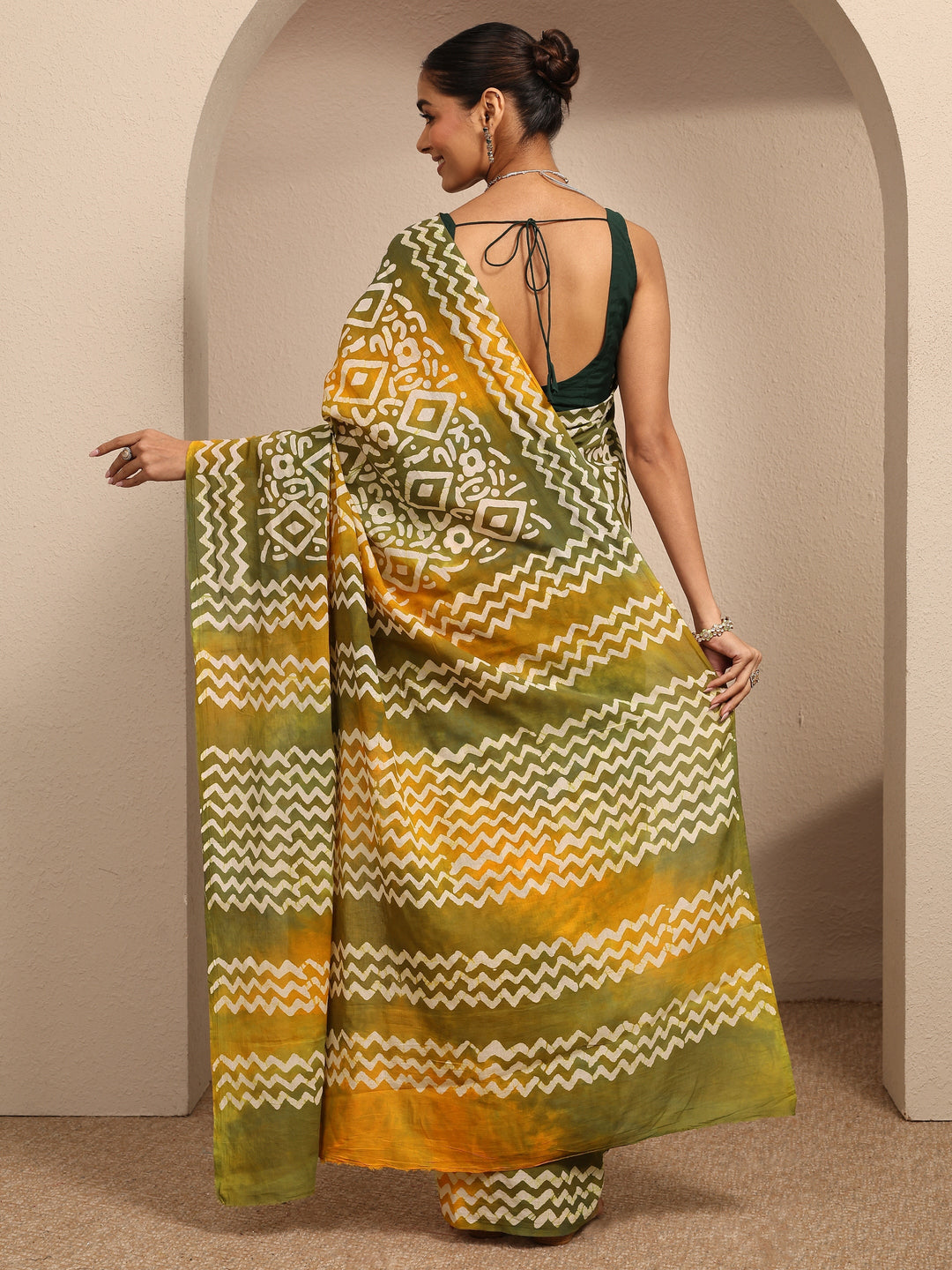  Mustard Ikat Printed Cotton Saree With Unstitched Blouse Piece 