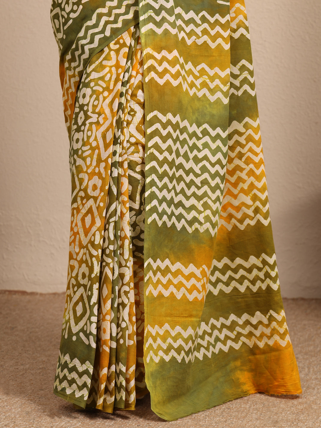  Mustard Ikat Printed Cotton Saree With Unstitched Blouse Piece 