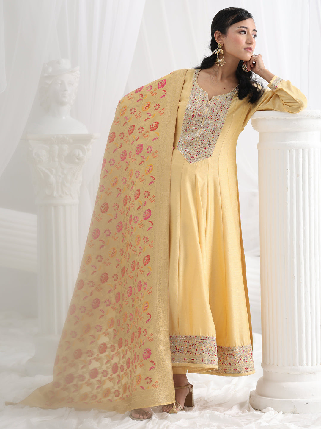 Yellow Embroidered Silk Blend A-Line Suit Set With Dupatta