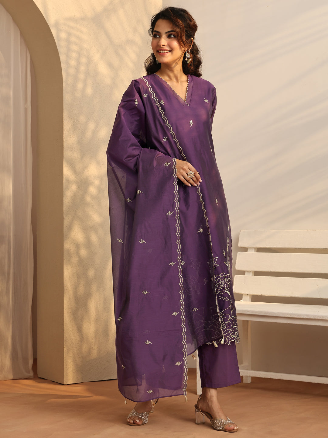  Purple Embroidered Silk Blend Straight Suit Set With Dupatta 