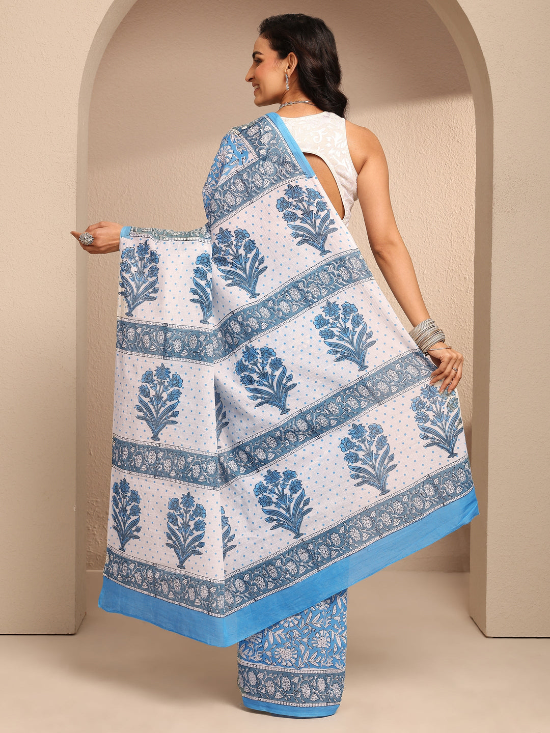  Blue Printed Cotton Saree With Unstitched Blouse Piece 