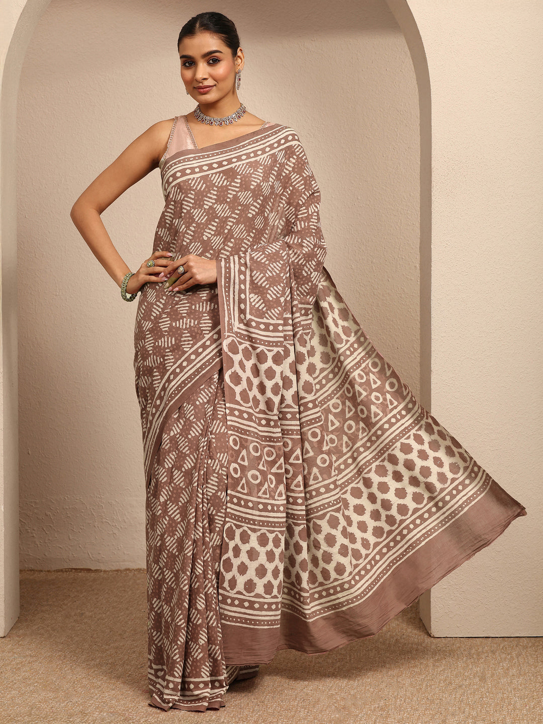  Brown Ikat Printed Cotton Saree With Unstitched Blouse Piece 