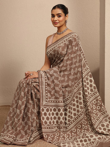 Brown Ikat Printed Cotton Saree With Unstitched Blouse Piece