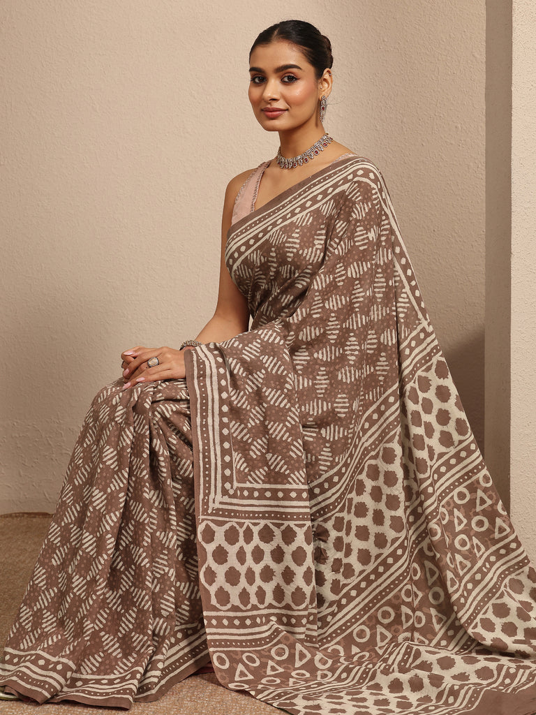 Libas Brown Ikat Printed Cotton Saree With Unstitched Blouse Piece