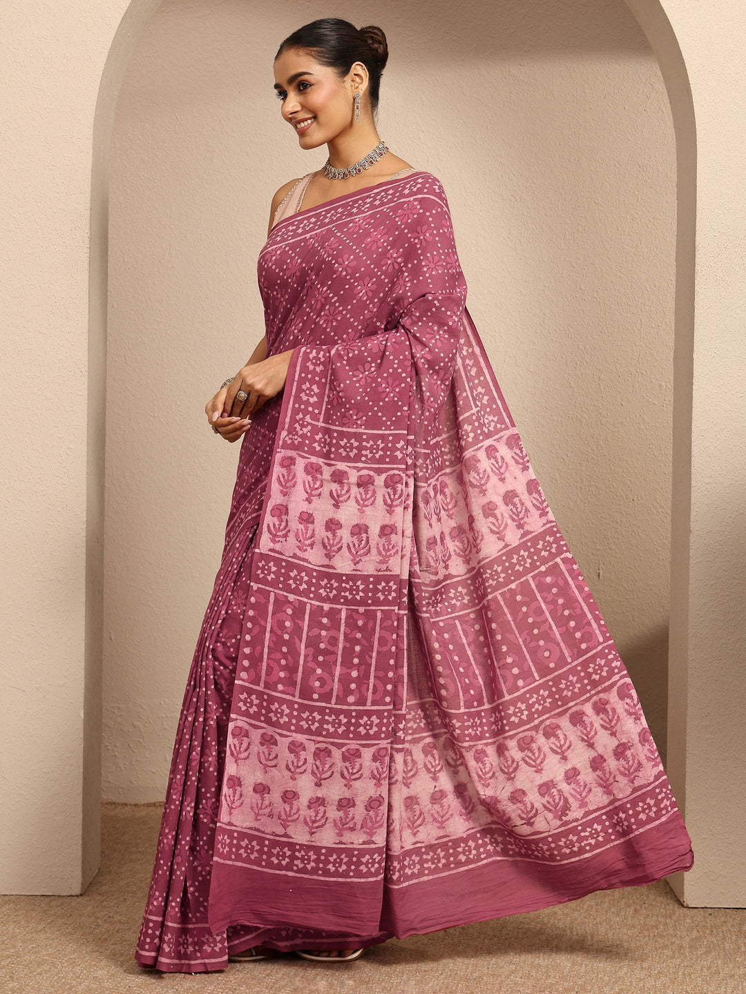  Mauve Ikat Printed Cotton Saree With Unstitched Blouse Piece 