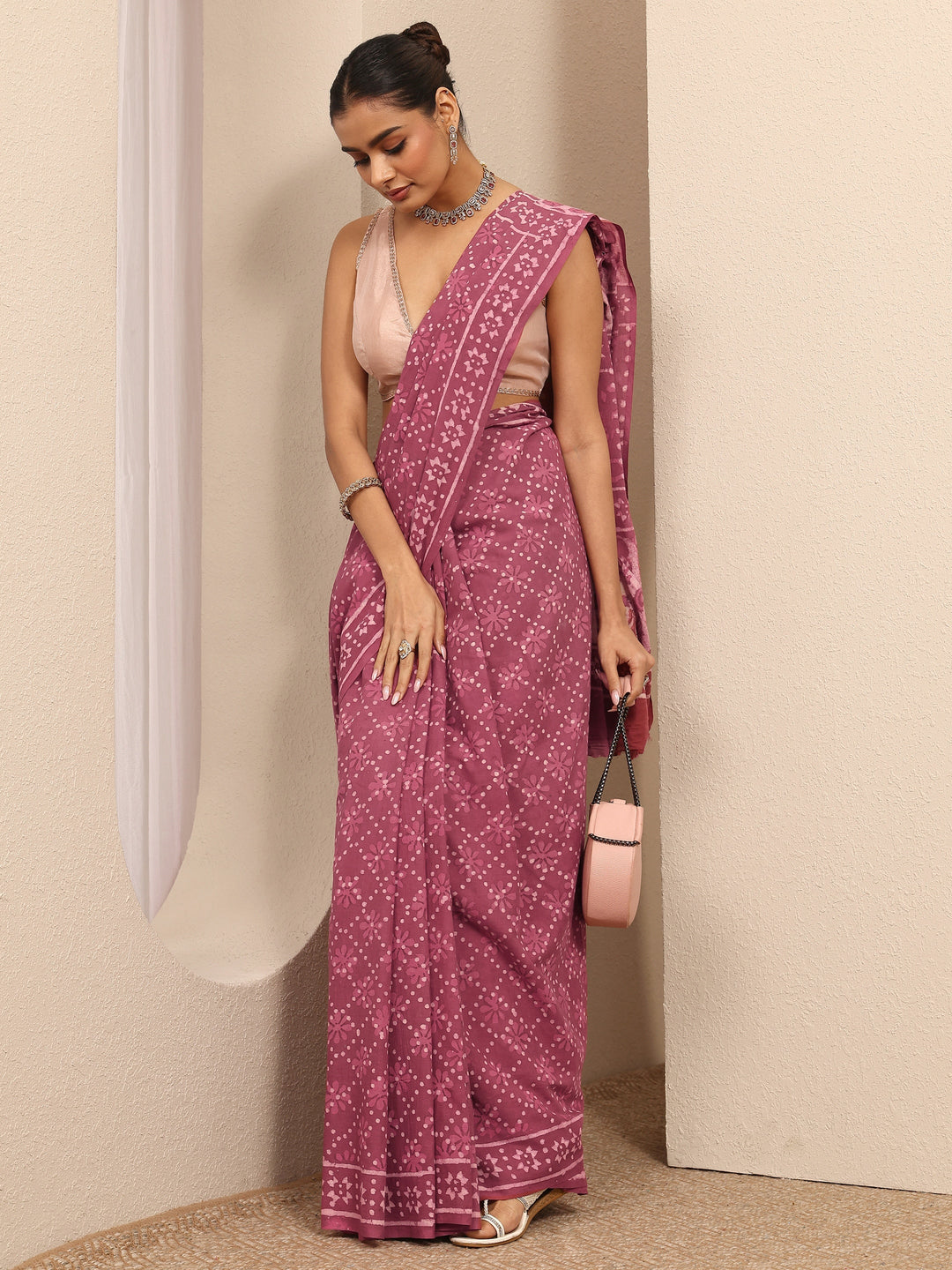  Mauve Ikat Printed Cotton Saree With Unstitched Blouse Piece 