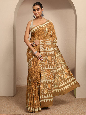 Brown Printed Cotton Saree With Unstitched Blouse Piece