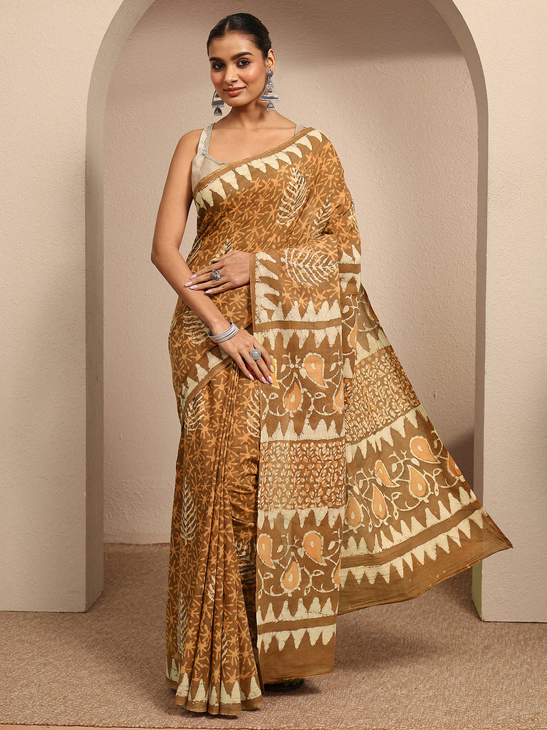 Libas Brown Printed Cotton Saree With Unstitched Blouse Piece