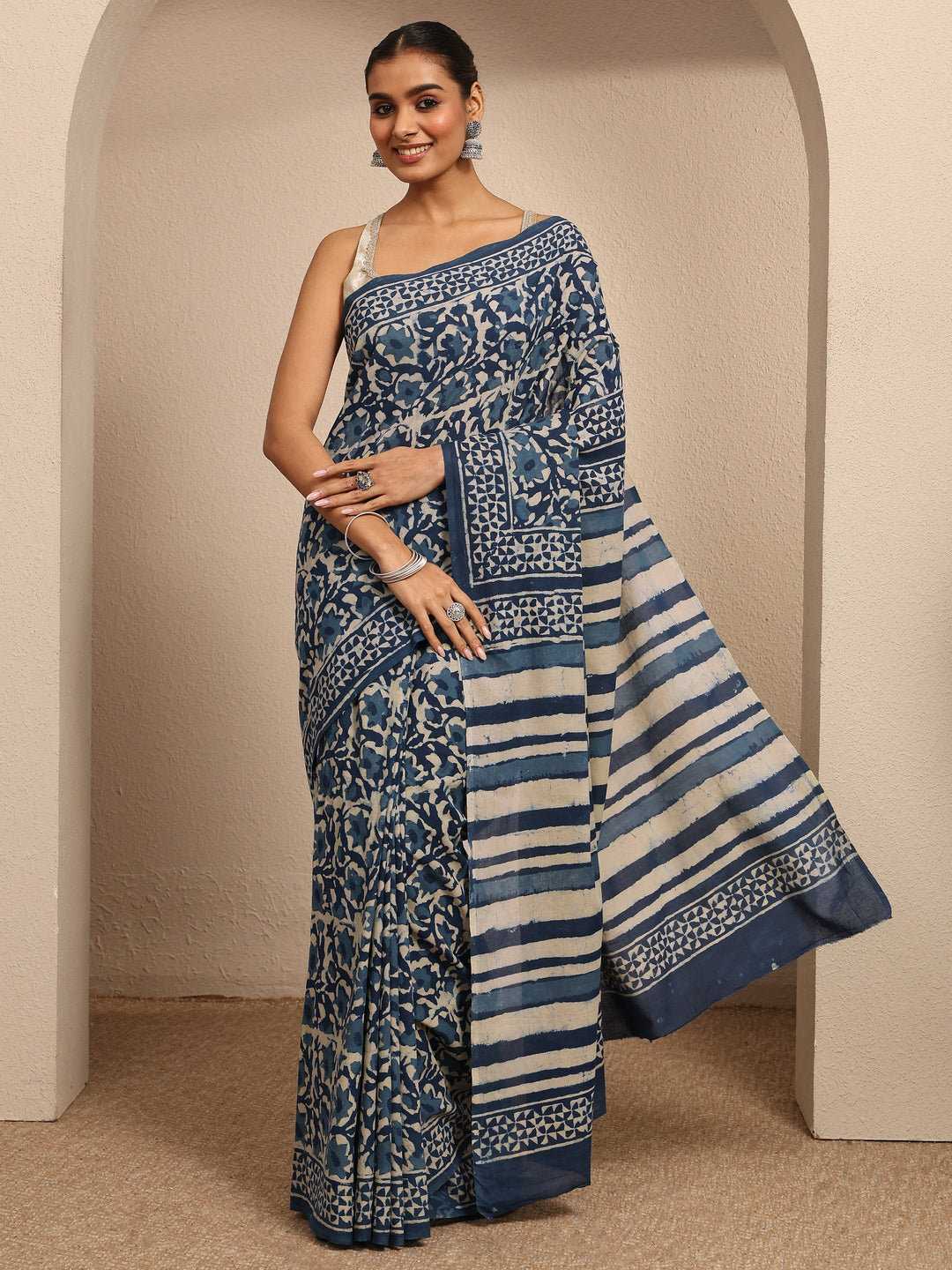  Blue Block Printed Cotton Saree With Unstitched Blouse Piece 