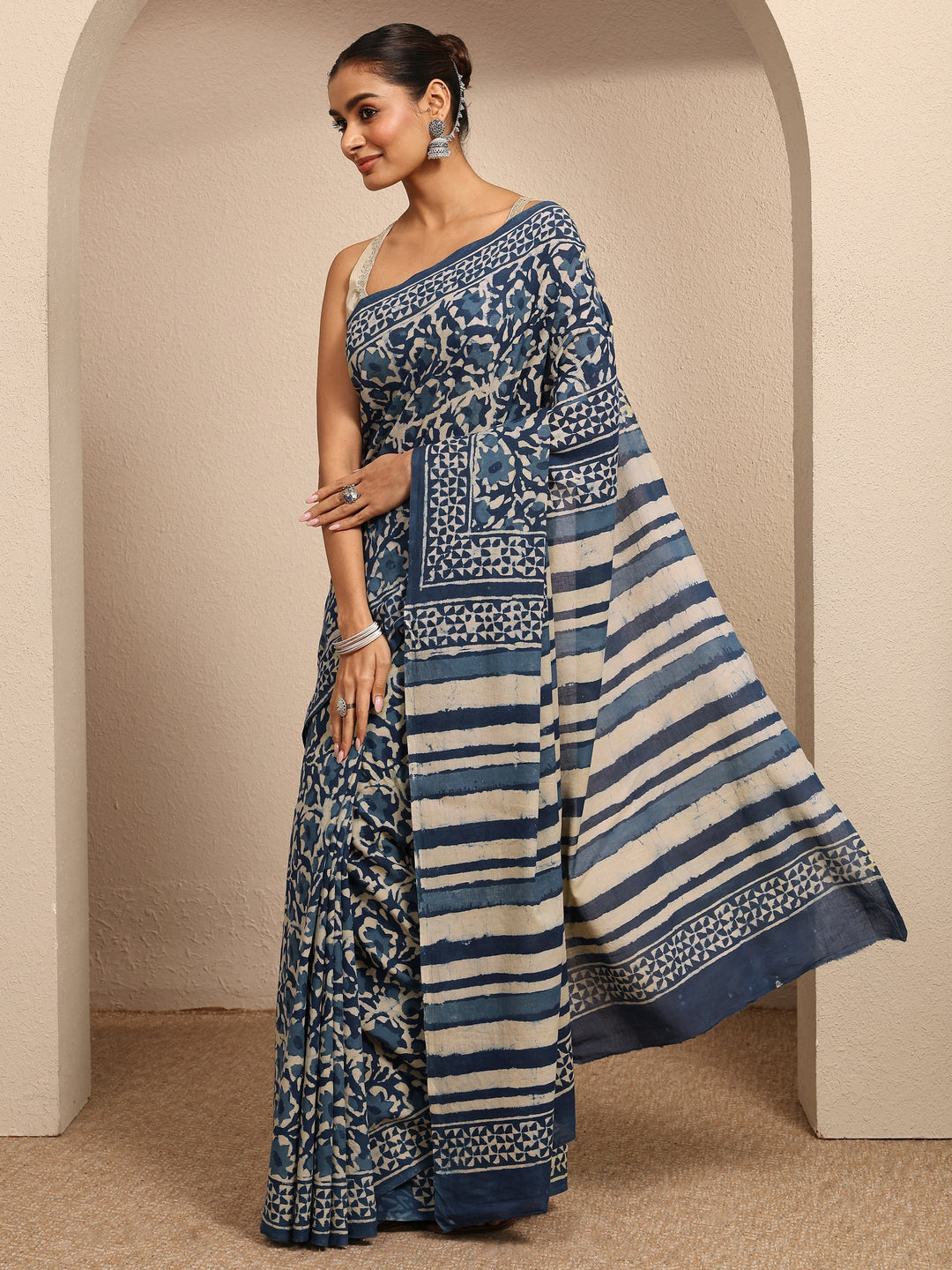  Blue Block Printed Cotton Saree With Unstitched Blouse Piece 