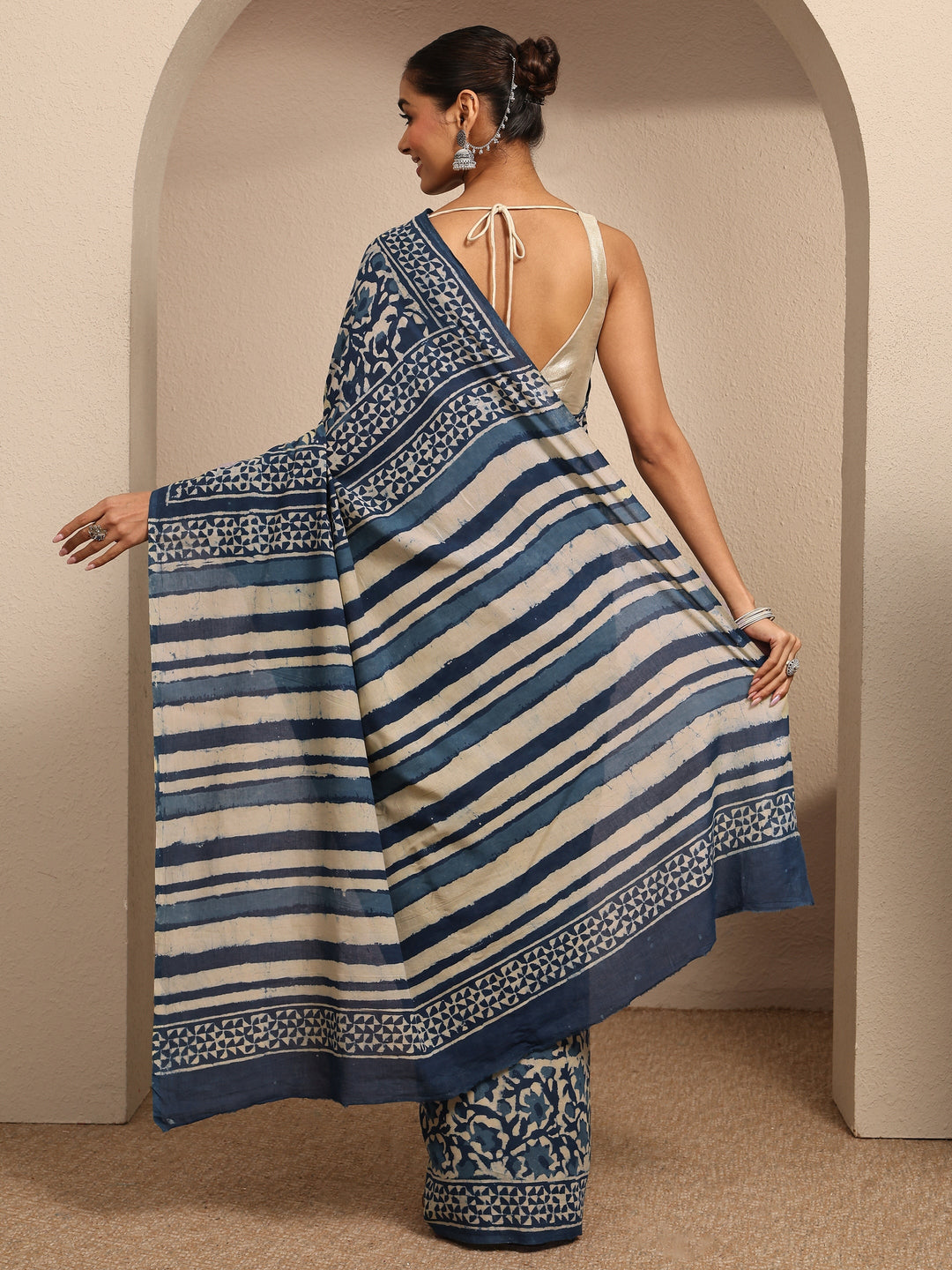  Blue Block Printed Cotton Saree With Unstitched Blouse Piece 