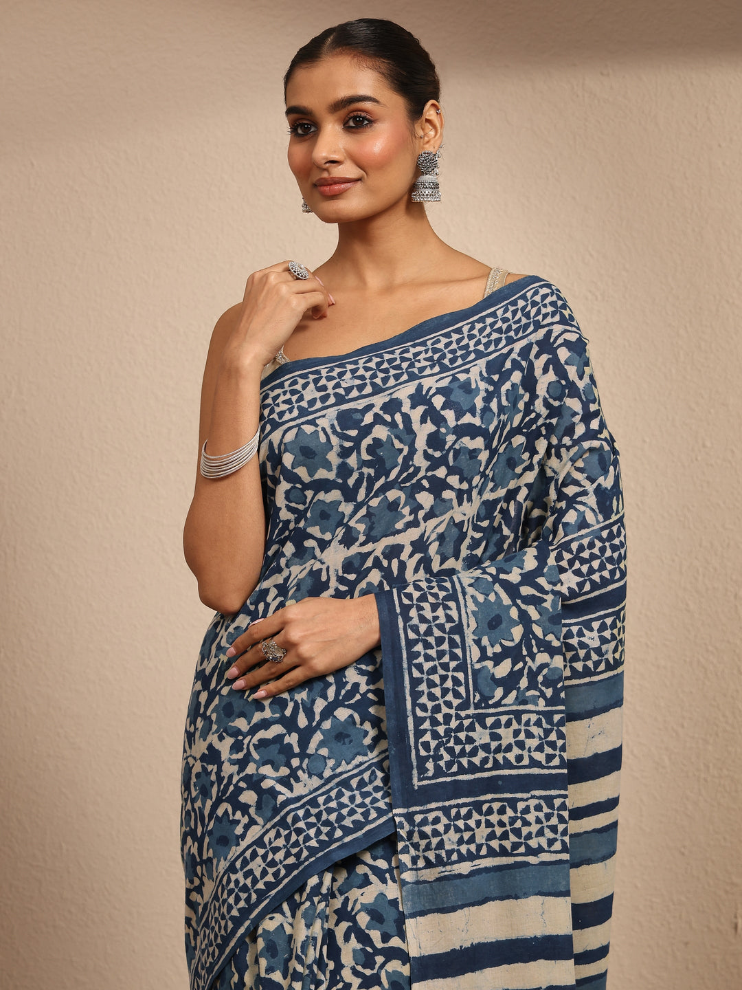  Blue Block Printed Cotton Saree With Unstitched Blouse Piece 