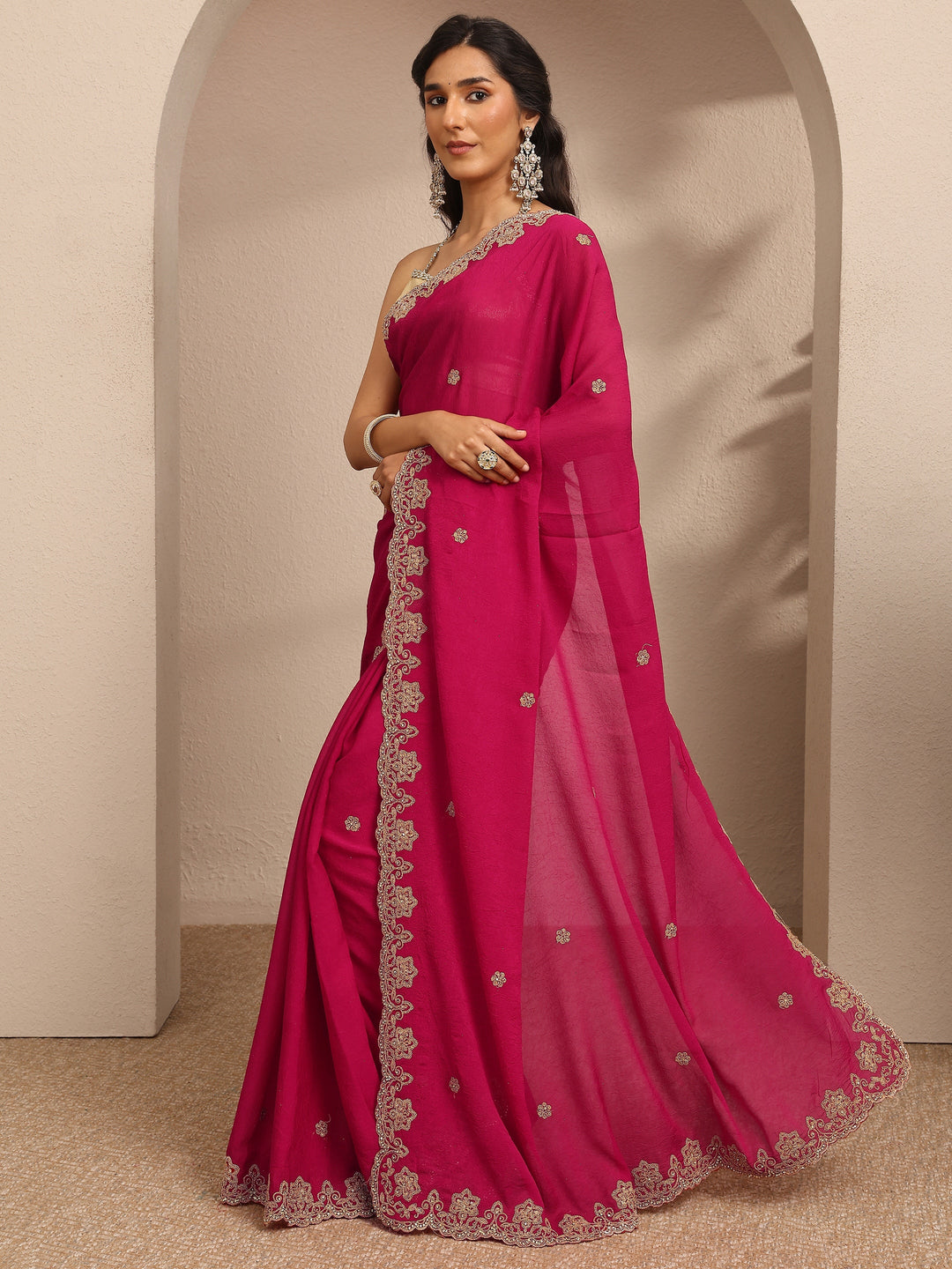  Pink Embroidered Silk Blend Saree With Unstitched Blouse Piece 