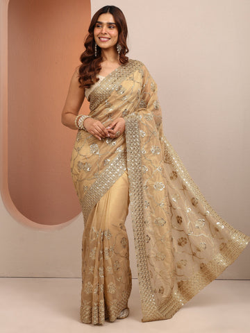Tan Embroidered Organza Saree With Unstitched Blouse Piece