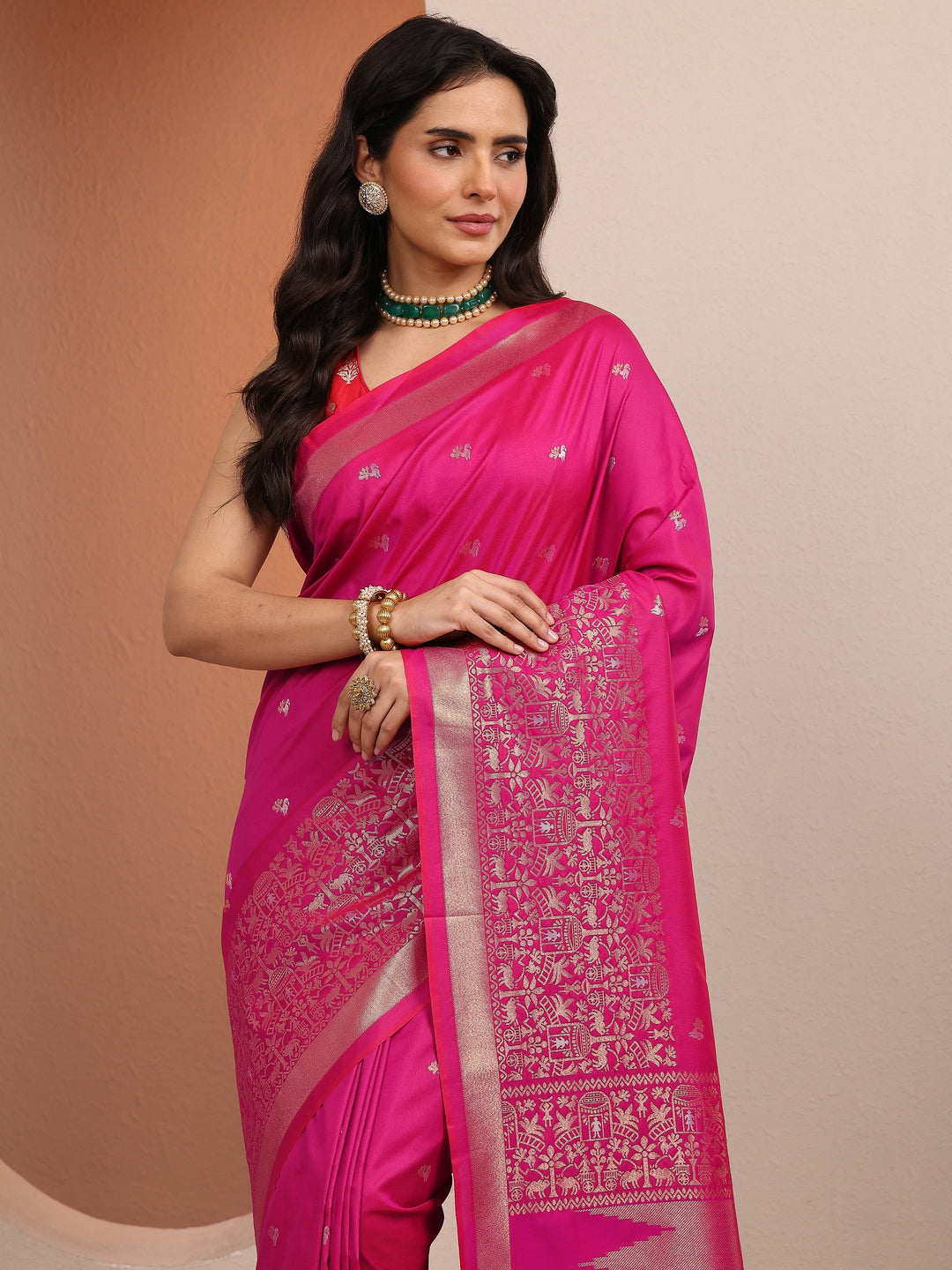  Pink Woven Design Banarsi Silk Blend Saree With Unstitched Blouse Piece 