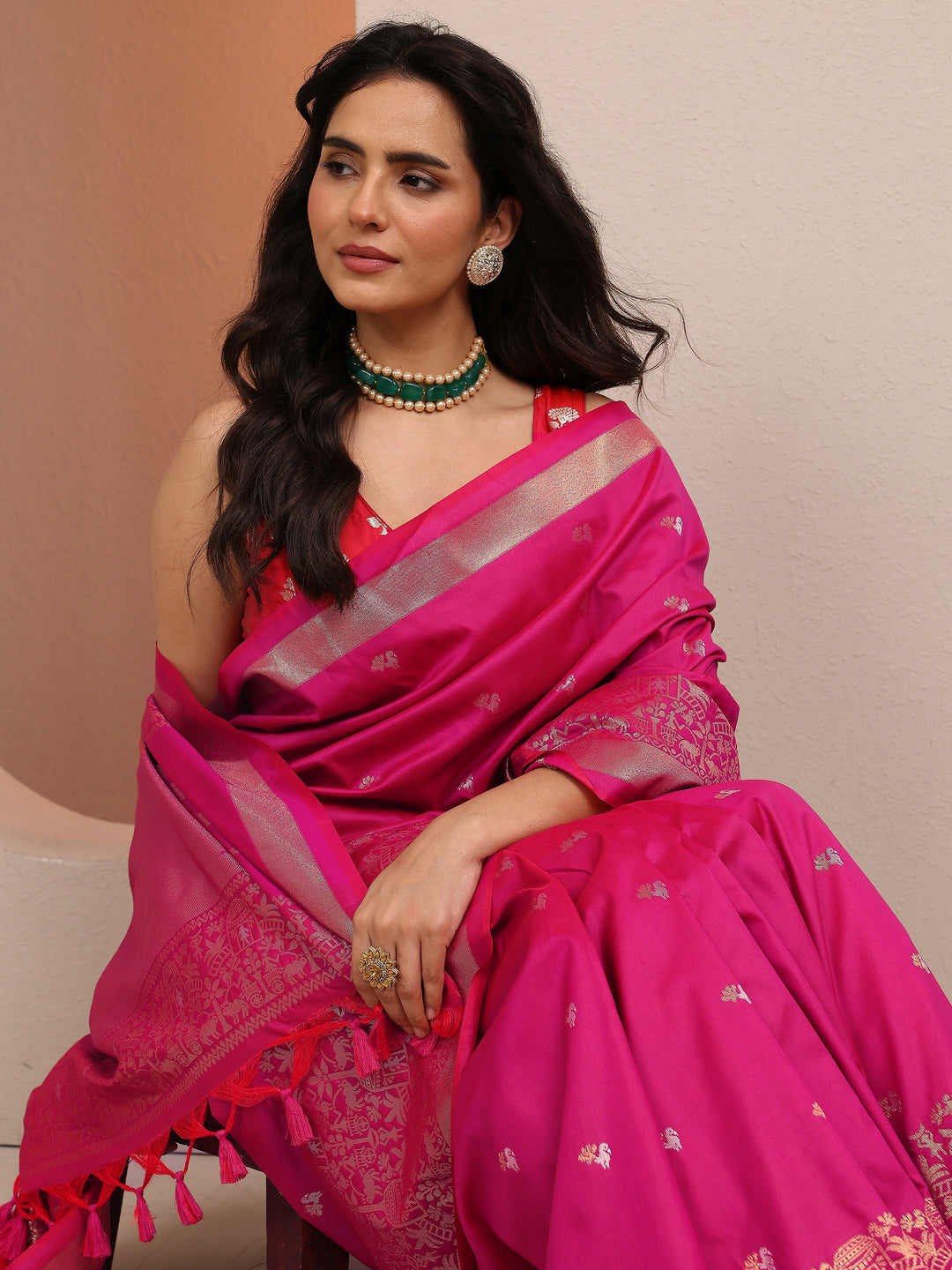  Pink Woven Design Banarsi Silk Blend Saree With Unstitched Blouse Piece 