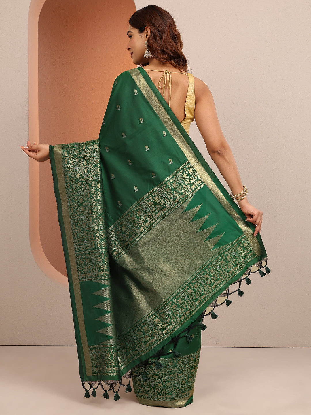  Green Woven Design Banarsi Silk Blend Saree With Unstitched Blouse Piece 