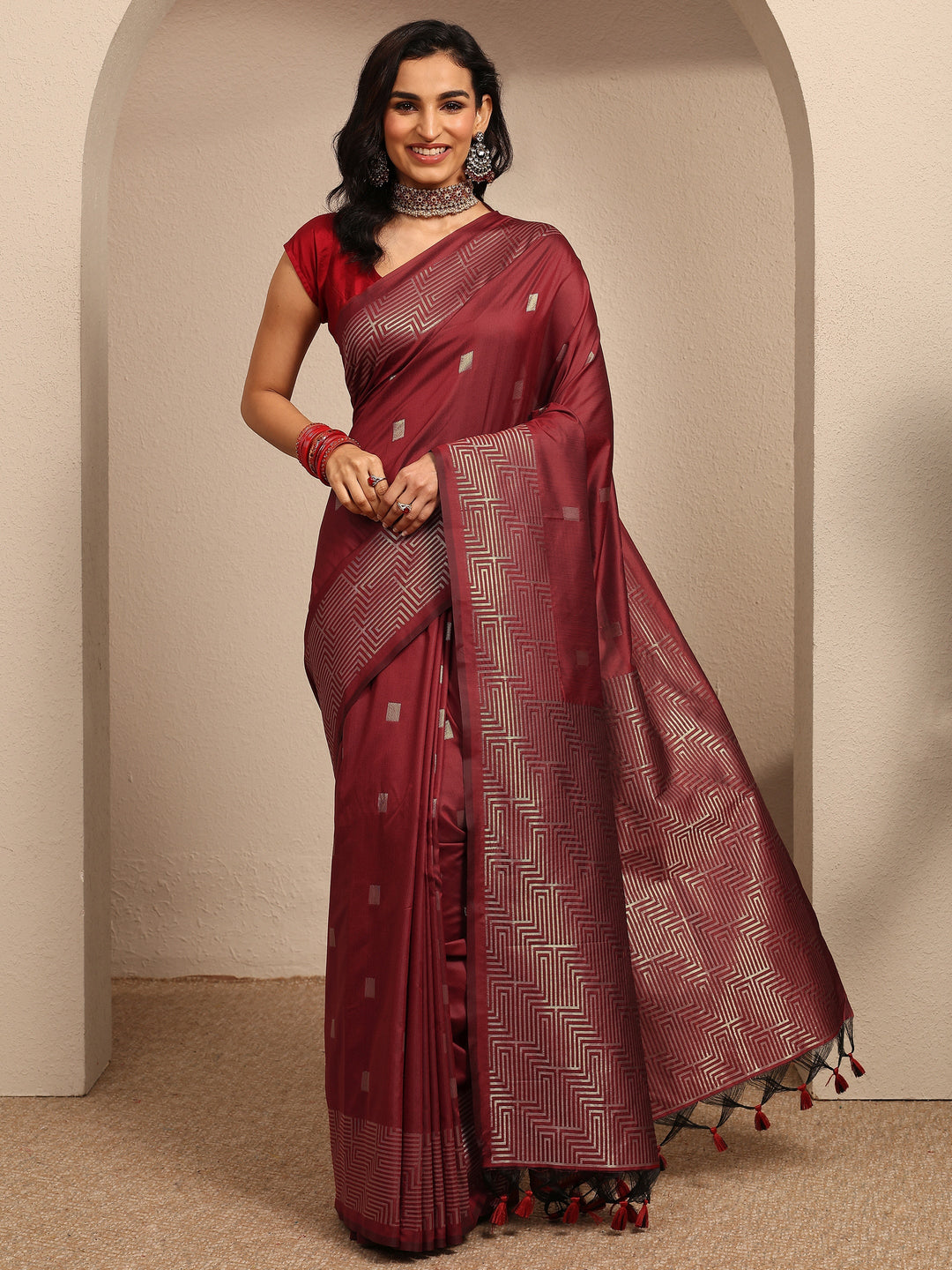  Maroon Geometric Woven Design Silk Blend Saree With Unstitched Blouse Piece 