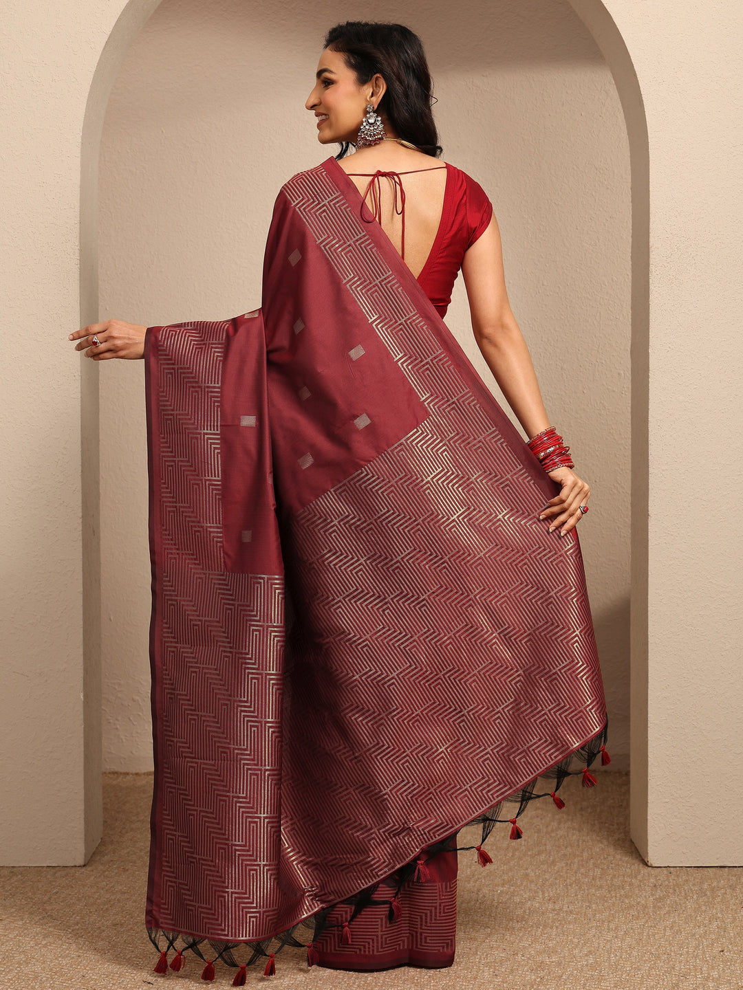  Maroon Geometric Woven Design Silk Blend Saree With Unstitched Blouse Piece 