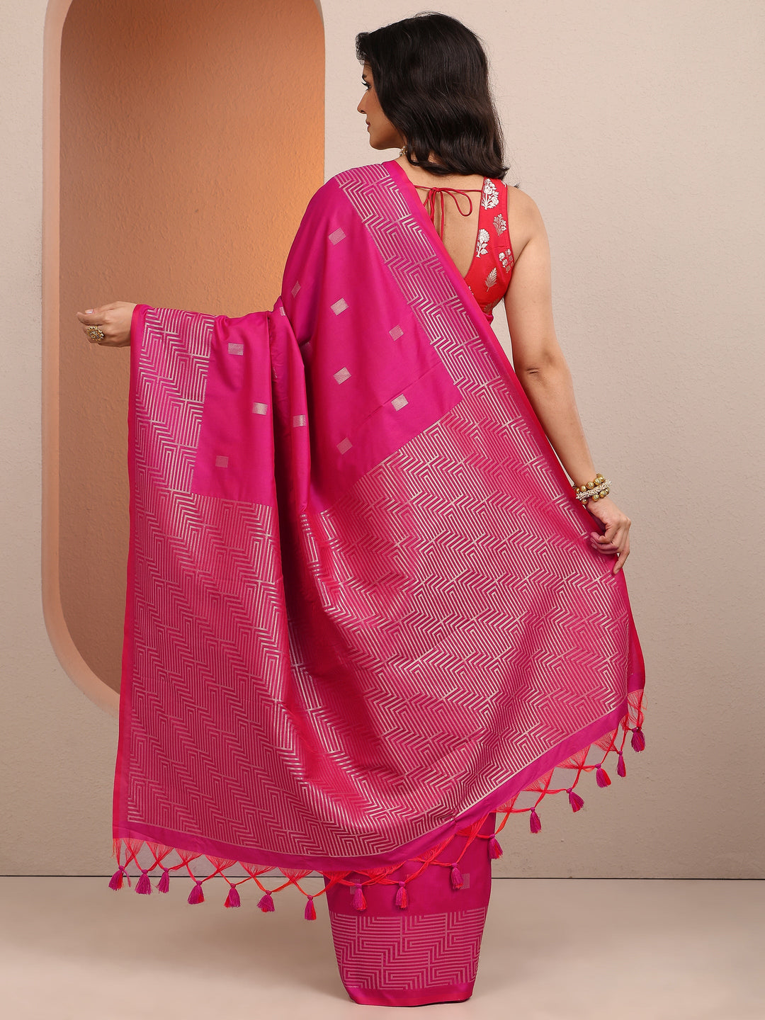  Pink Geometric Woven Design Silk Blend Saree With Unstitched Blouse Piece 