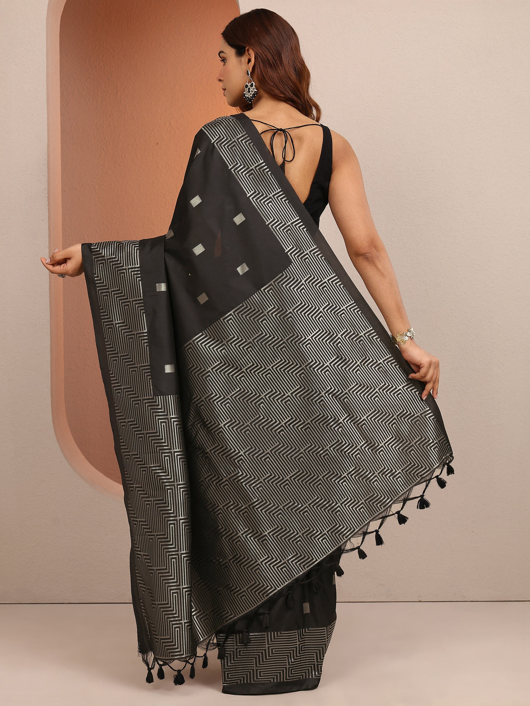  Black Geometric Woven Design Silk Blend Saree With Unstitched Blouse Piece 
