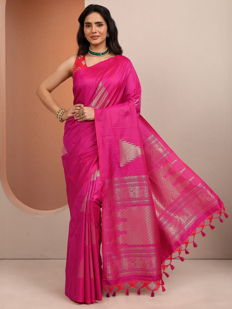 Libas Pink Solid Silk Blend Saree With Unstitched Blouse Piece