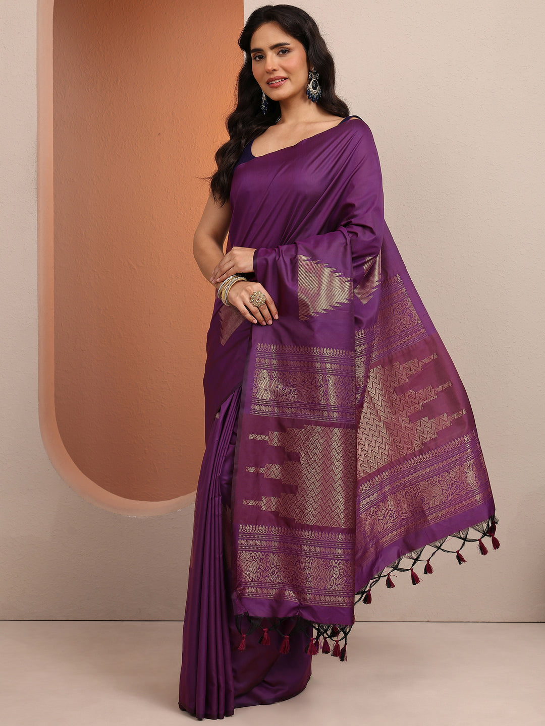  Purple Solid Silk Blend Saree With Unstitched Blouse Piece 