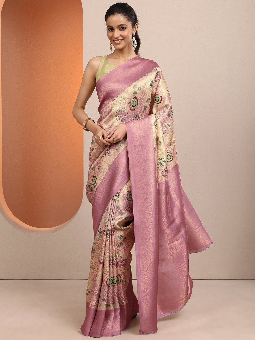 Mauve Printed Silk Blend Saree With Unstitched Blouse Piece