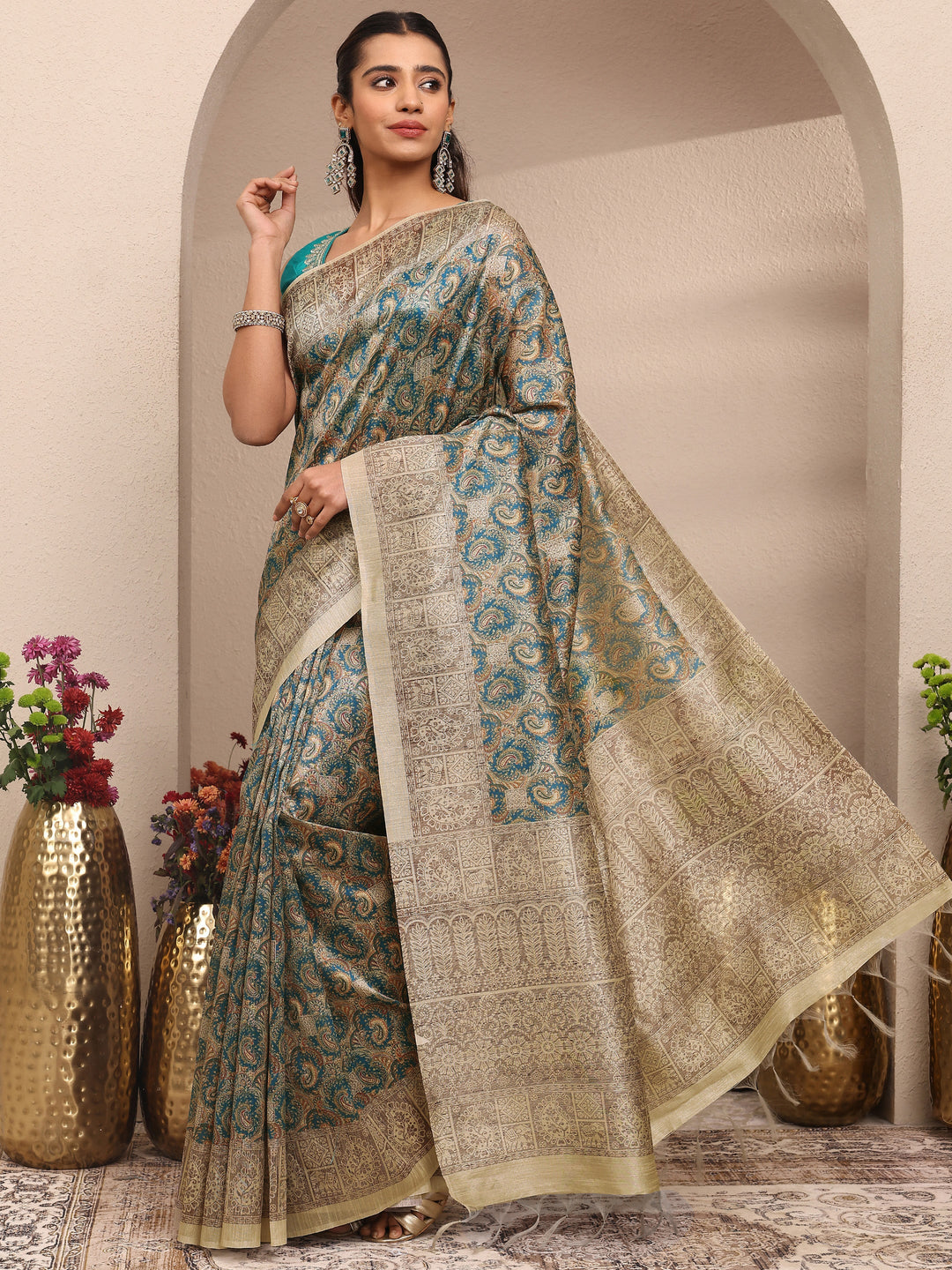  Multi Paisley Printed Silk Blend Saree With Unstitched Blouse Piece 