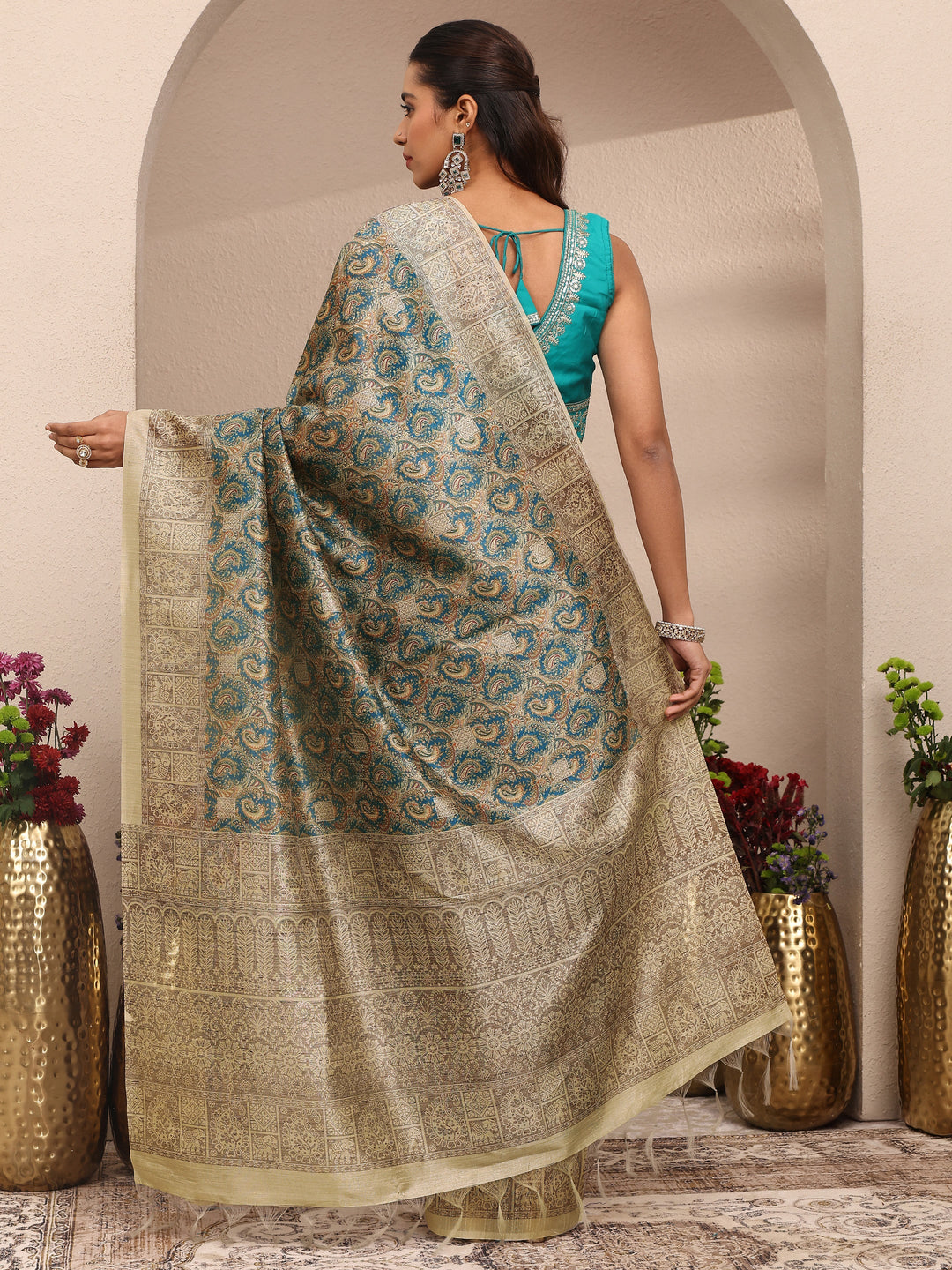  Multi Paisley Printed Silk Blend Saree With Unstitched Blouse Piece 