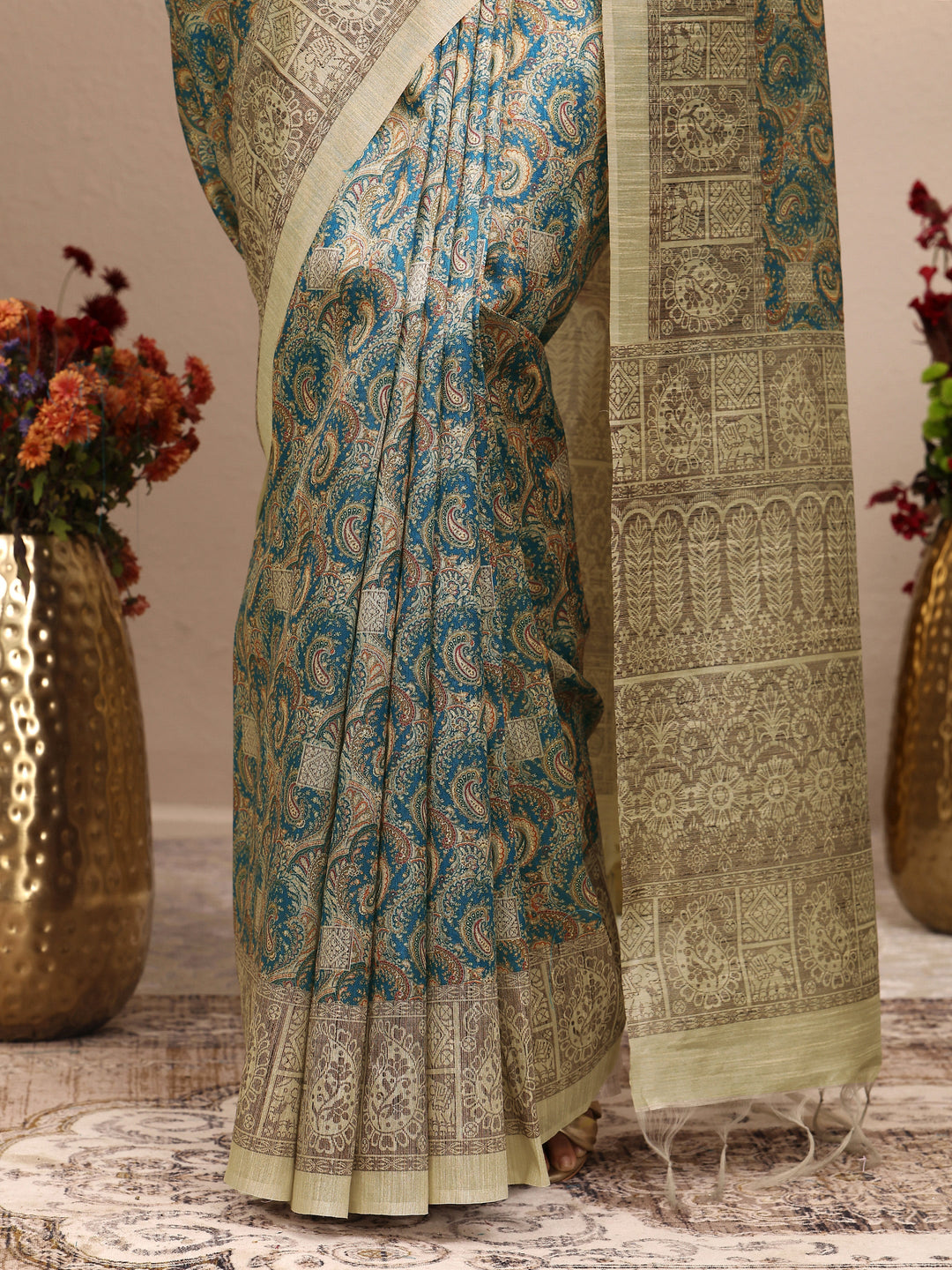  Multi Paisley Printed Silk Blend Saree With Unstitched Blouse Piece 