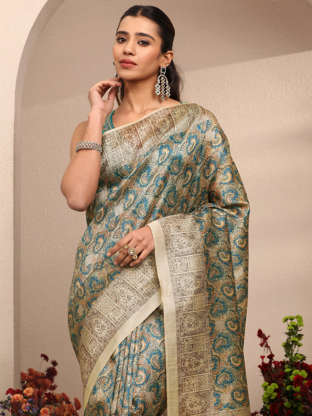  Multi Paisley Printed Silk Blend Saree With Unstitched Blouse Piece 