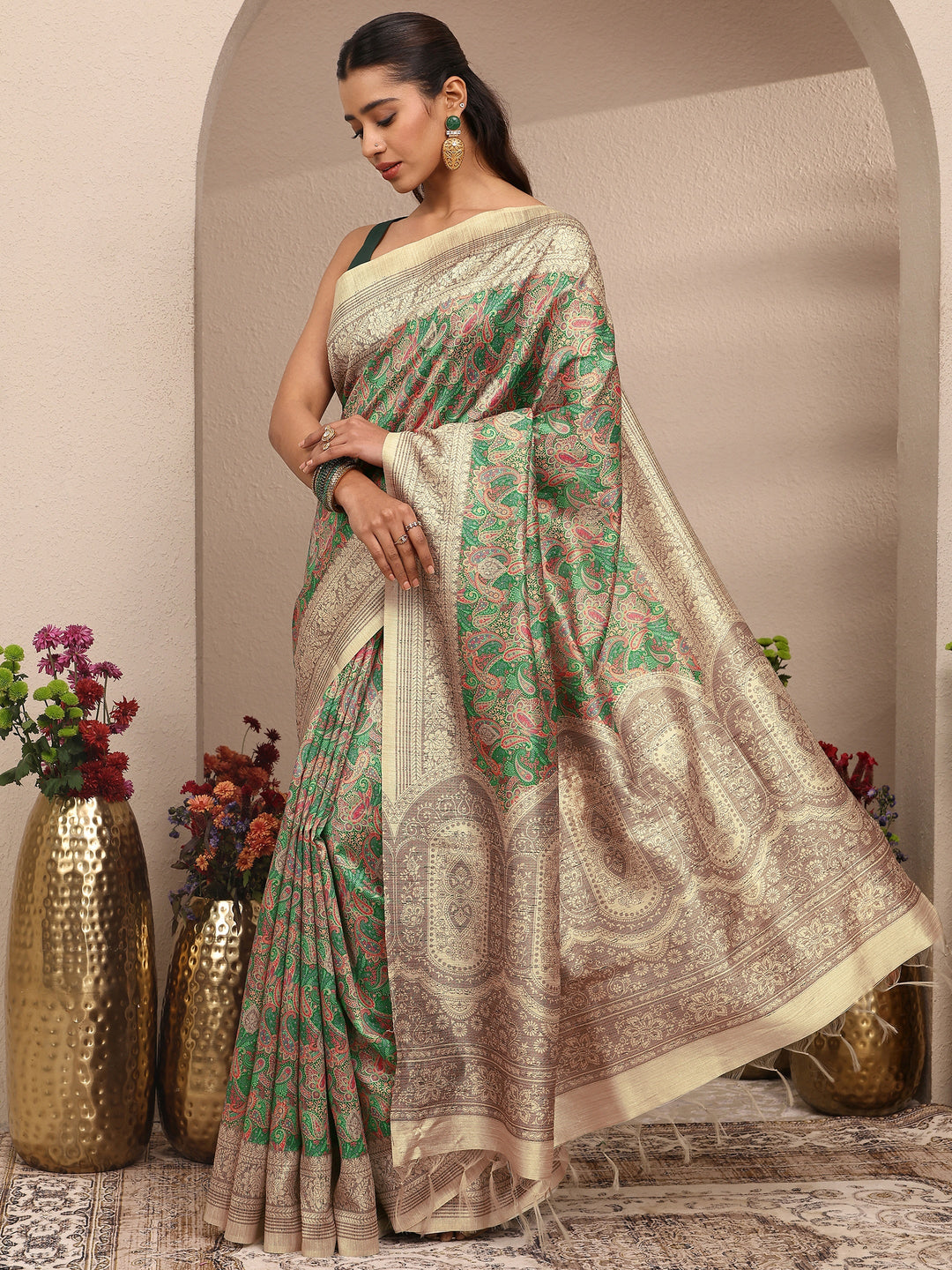 Multi Paisley Printed Silk Blend Saree With Unstitched Blouse Piece 