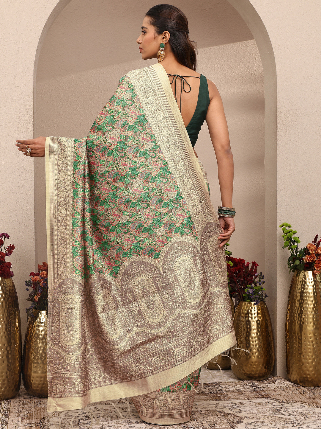  Multi Paisley Printed Silk Blend Saree With Unstitched Blouse Piece 