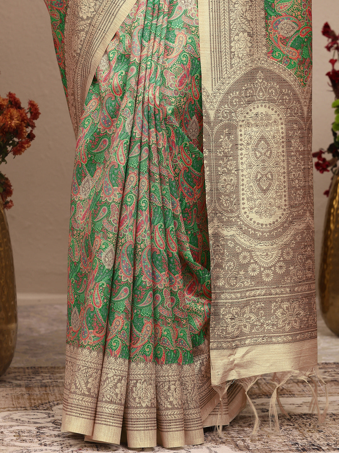  Multi Paisley Printed Silk Blend Saree With Unstitched Blouse Piece 